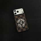 Embroidered Leather-Texture Checkerboard Phone Case with Raised Stitch Emblem